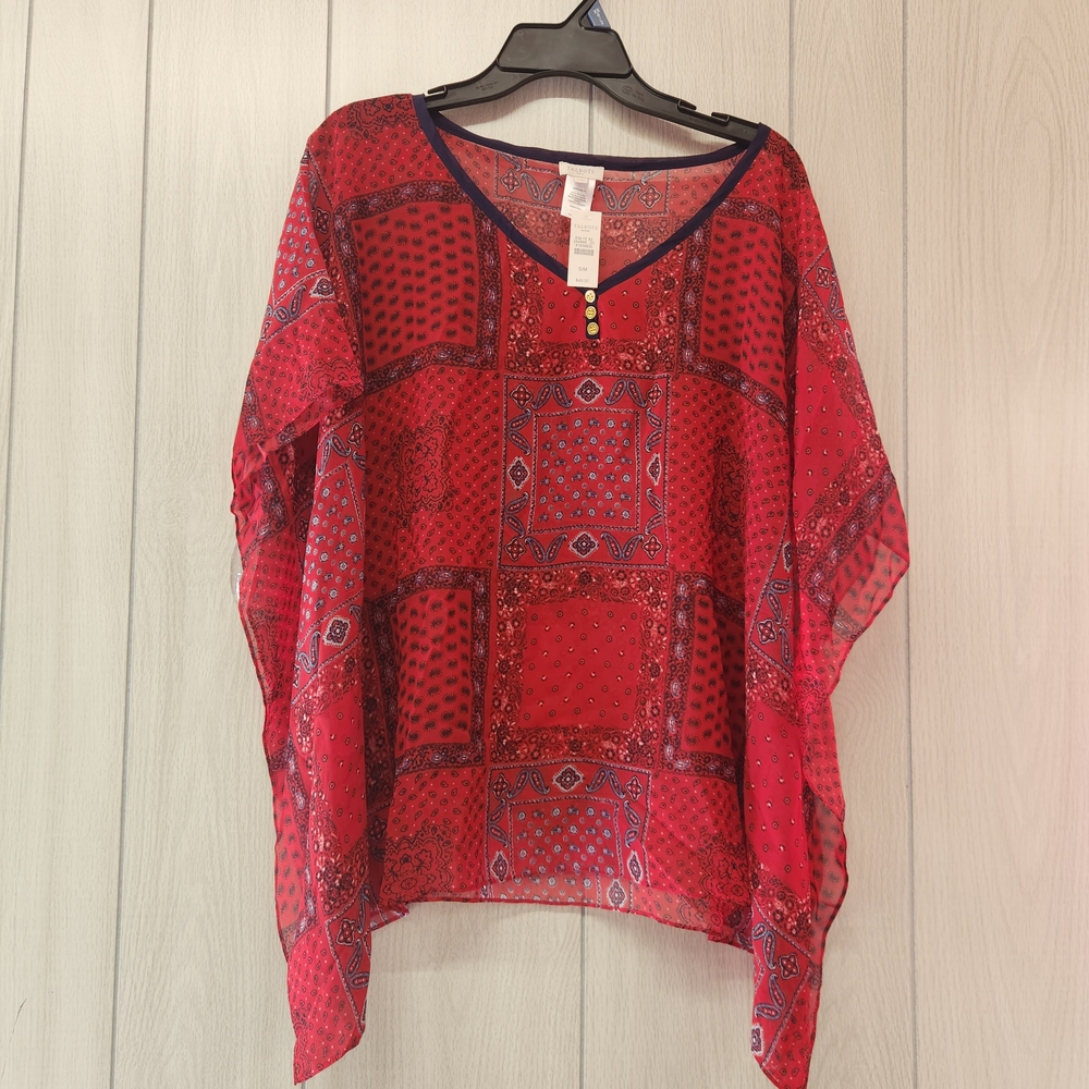 Talbots S/M Sheer Red Patterned Women's Top